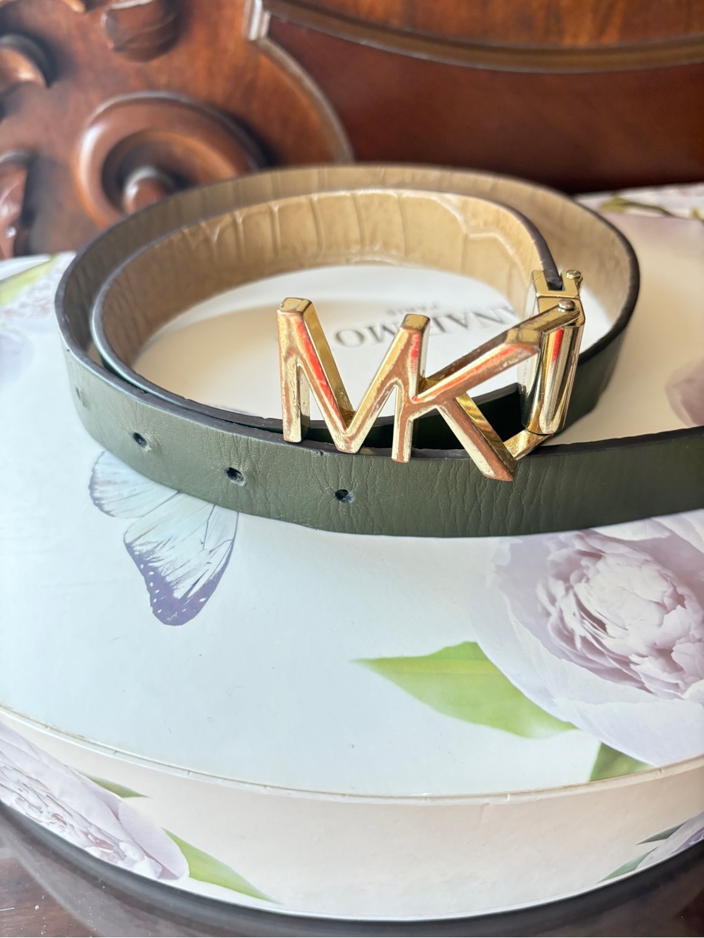 Olive Green & Tan reversible Leather Belt with Gold MK Buckle